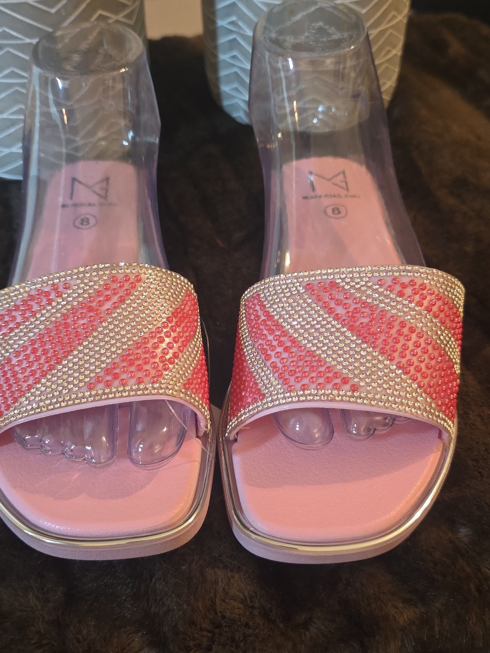 Material Girl Pink & Silver Rhinestone Slide Sandals - Picture 4 of 9